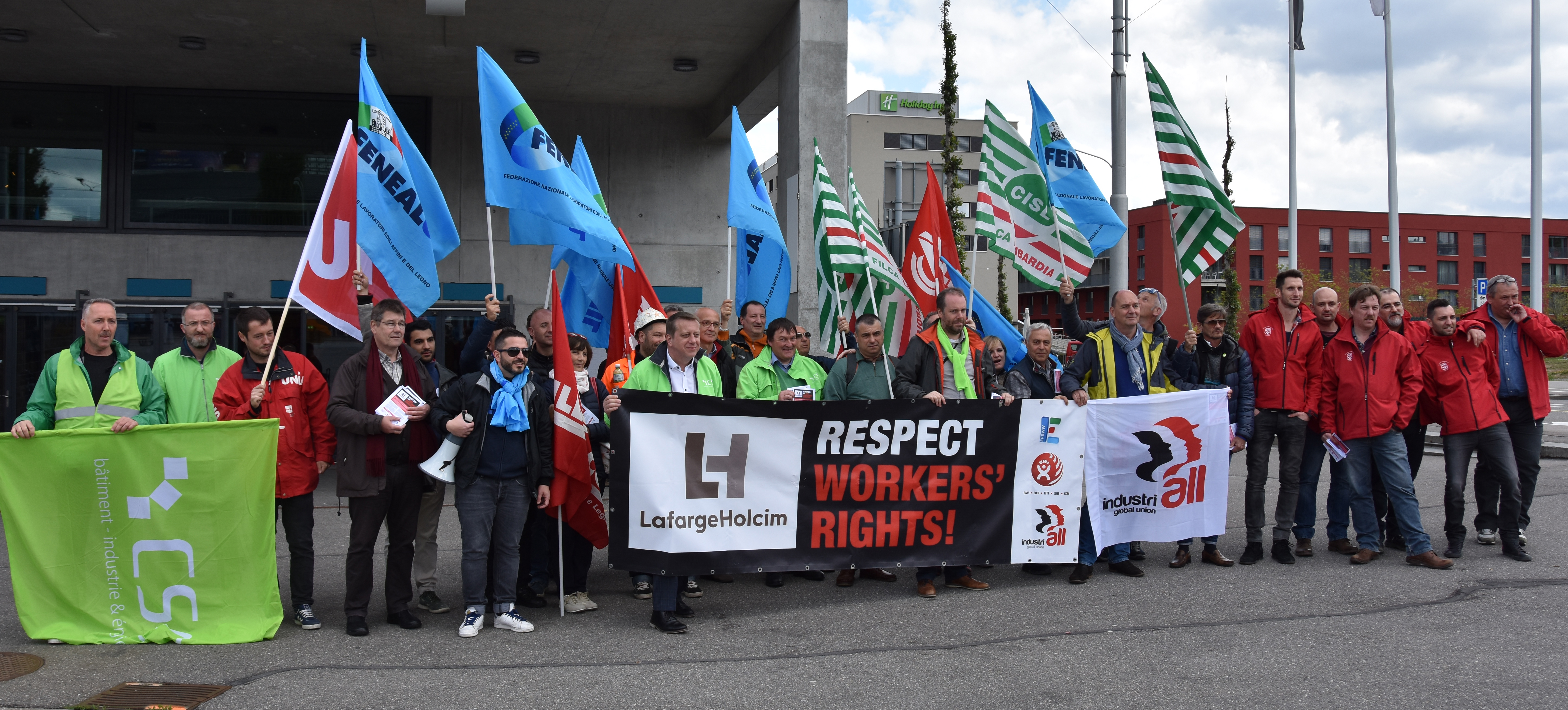 Photo of union action in front of the building where LafargeHolcim annual shareholders meeting took place, May 2017 