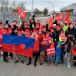 Members of IndustriALL's Hungarian affiliate, VASAS, show solidarity with striking IG Metall members at Mercedes-Benz in Rastatt. Photo: IG Metall